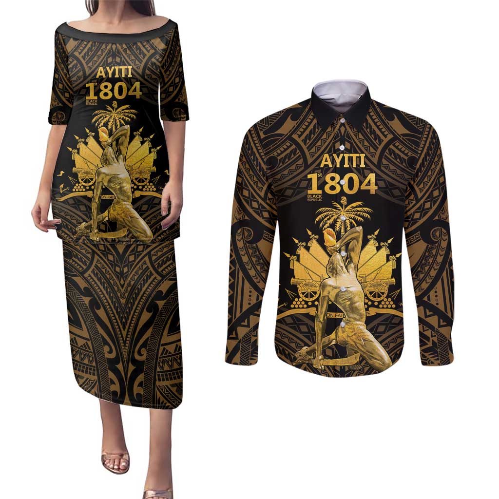 Haitian Negre Marron 1804 Couples Matching Puletasi and Long Sleeve Button Shirt Gold Polynesian Pattern LT9 - Wonder Print Shop