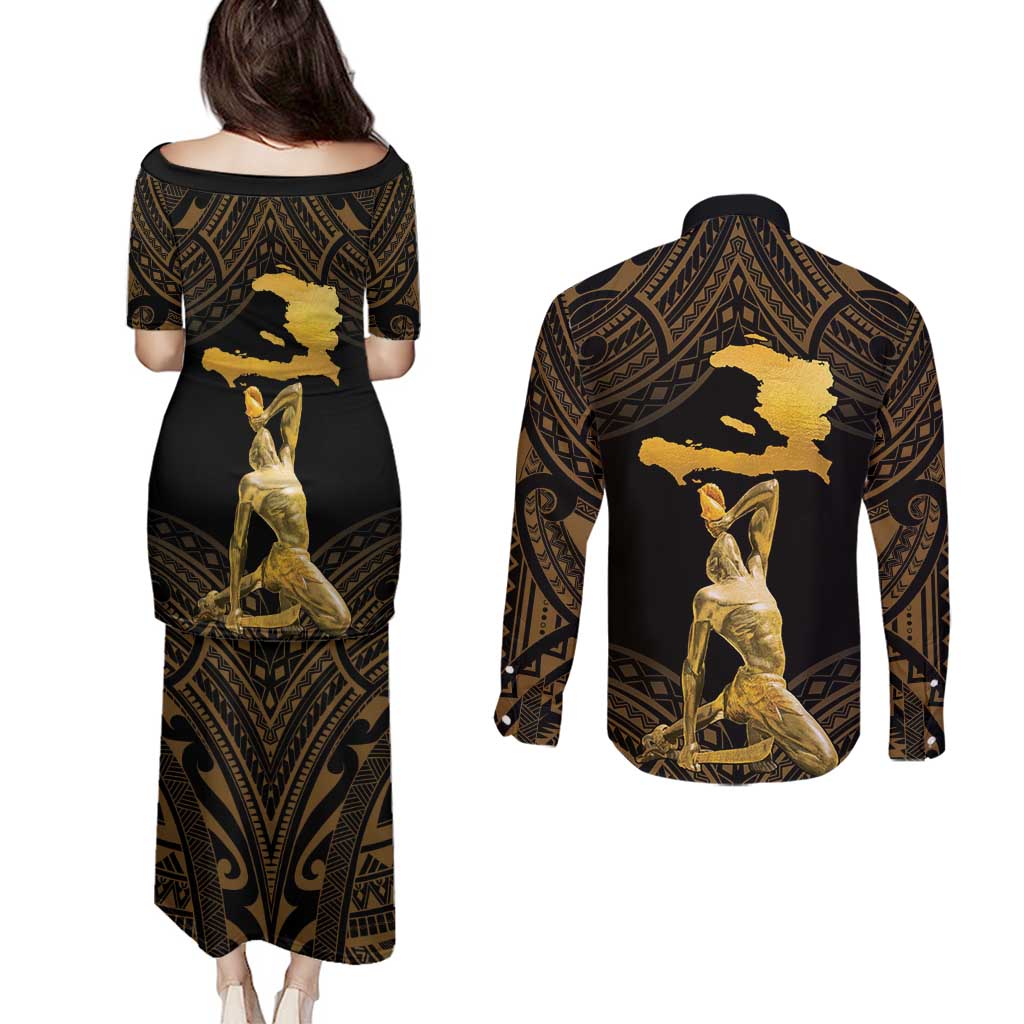Haitian Negre Marron 1804 Couples Matching Puletasi and Long Sleeve Button Shirt Gold Polynesian Pattern LT9 - Wonder Print Shop