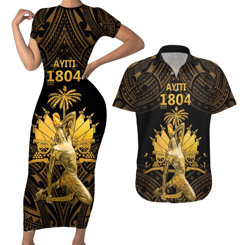 Haitian Negre Marron 1804 Couples Matching Short Sleeve Bodycon Dress and Hawaiian Shirt Gold Polynesian Pattern LT9 - Wonder Print Shop
