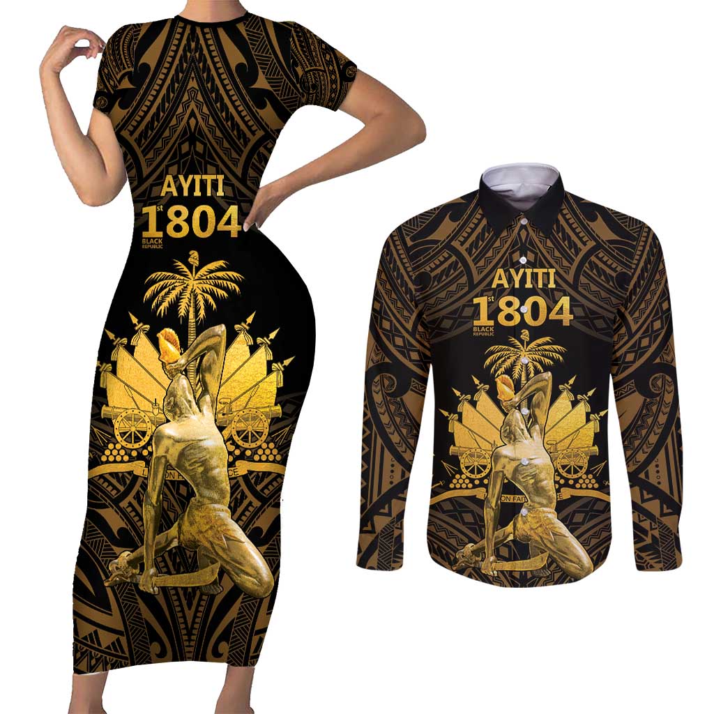 Haitian Negre Marron 1804 Couples Matching Short Sleeve Bodycon Dress and Long Sleeve Button Shirt Gold Polynesian Pattern LT9 - Wonder Print Shop