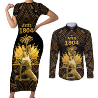 Haitian Negre Marron 1804 Couples Matching Short Sleeve Bodycon Dress and Long Sleeve Button Shirt Gold Polynesian Pattern LT9 - Wonder Print Shop