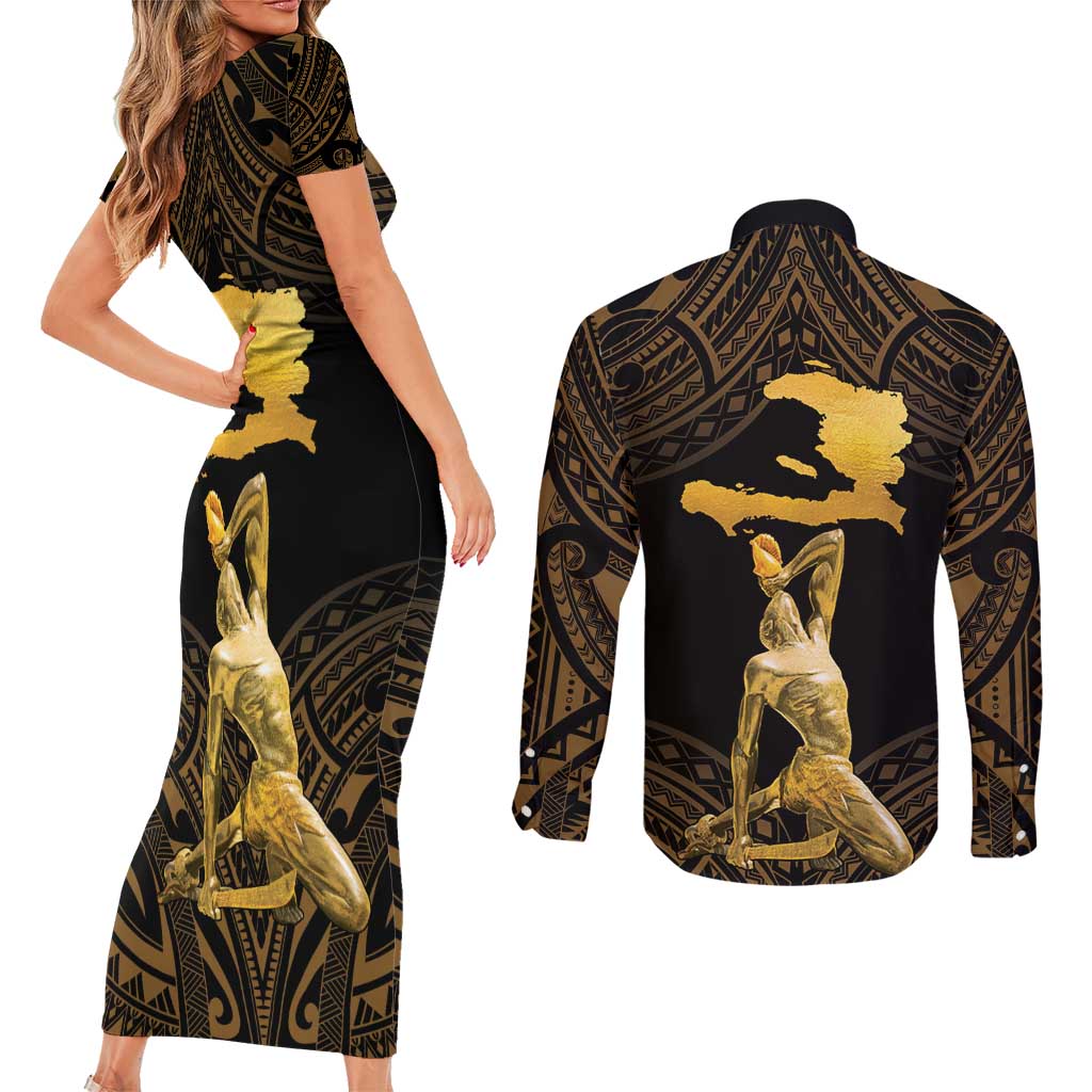 Haitian Negre Marron 1804 Couples Matching Short Sleeve Bodycon Dress and Long Sleeve Button Shirt Gold Polynesian Pattern LT9 - Wonder Print Shop