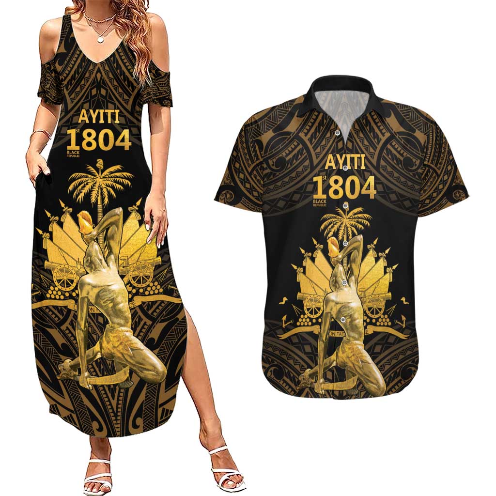 Haitian Negre Marron 1804 Couples Matching Summer Maxi Dress and Hawaiian Shirt Gold Polynesian Pattern LT9 - Wonder Print Shop