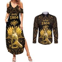 Haitian Negre Marron 1804 Couples Matching Summer Maxi Dress and Long Sleeve Button Shirt Gold Polynesian Pattern LT9 - Wonder Print Shop