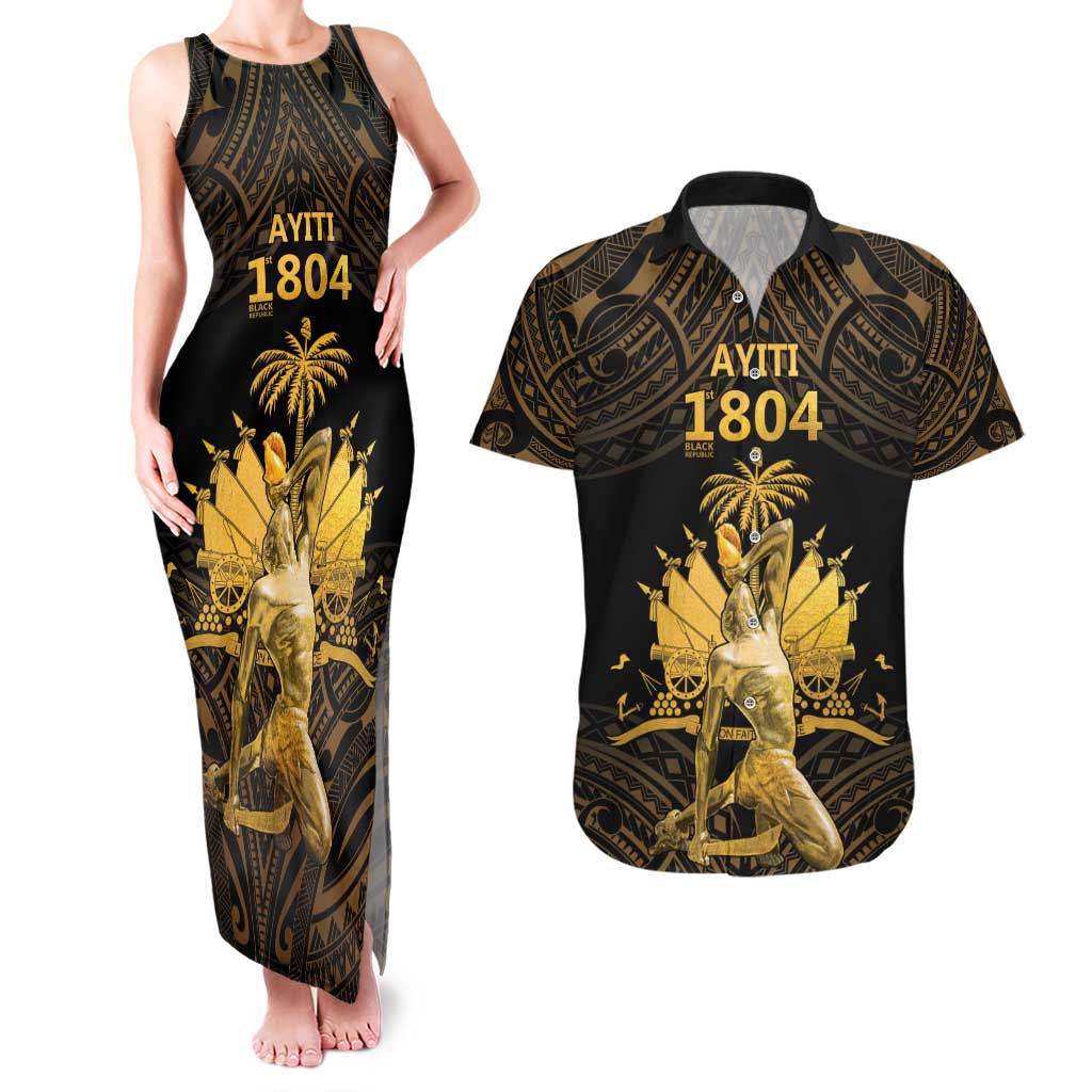 Haitian Negre Marron 1804 Couples Matching Tank Maxi Dress and Hawaiian Shirt Gold Polynesian Pattern LT9 - Wonder Print Shop