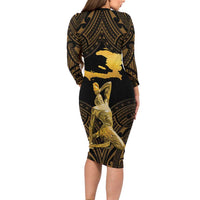 Haitian Negre Marron 1804 Family Matching Long Sleeve Bodycon Dress and Hawaiian Shirt Gold Polynesian Pattern LT9 - Wonder Print Shop