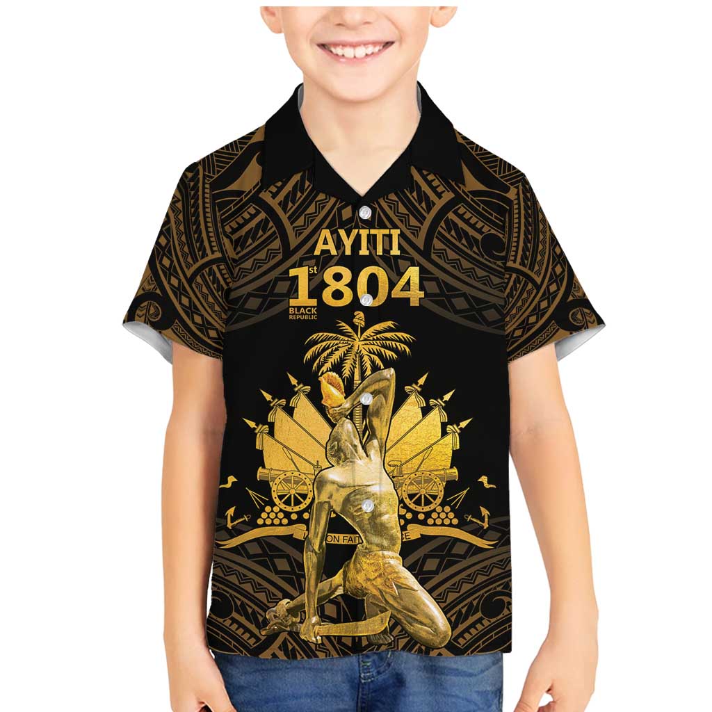 Haitian Negre Marron 1804 Family Matching Mermaid Dress and Hawaiian Shirt Gold Polynesian Pattern LT9 - Wonder Print Shop