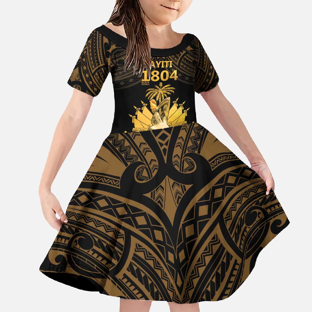 Haitian Negre Marron 1804 Family Matching Off The Shoulder Long Sleeve Dress and Hawaiian Shirt Gold Polynesian Pattern - Wonder Print Shop