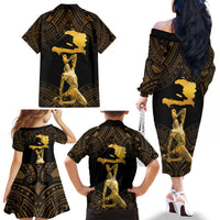 Haitian Negre Marron 1804 Family Matching Off The Shoulder Long Sleeve Dress and Hawaiian Shirt Gold Polynesian Pattern - Wonder Print Shop