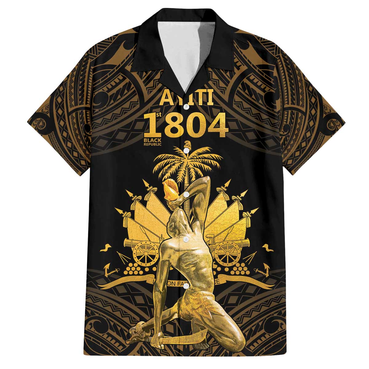 Haitian Negre Marron 1804 Family Matching Off The Shoulder Long Sleeve Dress and Hawaiian Shirt Gold Polynesian Pattern - Wonder Print Shop