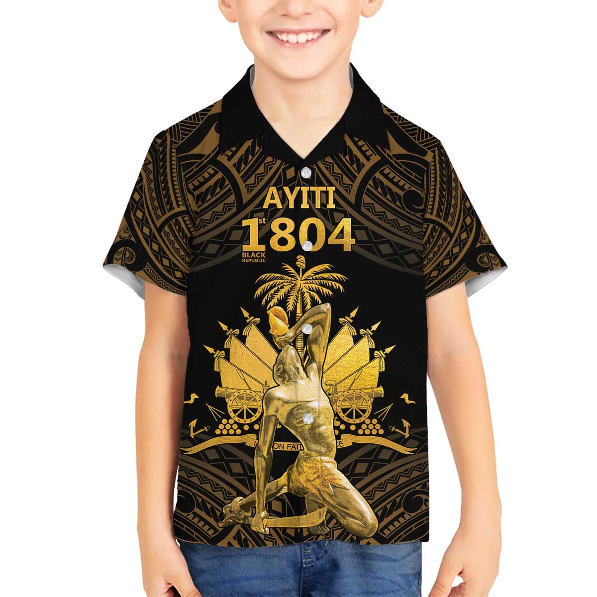 Haitian Negre Marron 1804 Family Matching Off The Shoulder Long Sleeve Dress and Hawaiian Shirt Gold Polynesian Pattern - Wonder Print Shop