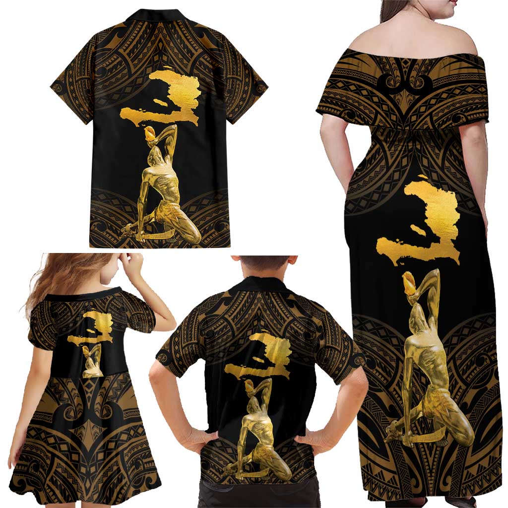Haitian Negre Marron 1804 Family Matching Off Shoulder Maxi Dress and Hawaiian Shirt Gold Polynesian Pattern LT9 - Wonder Print Shop