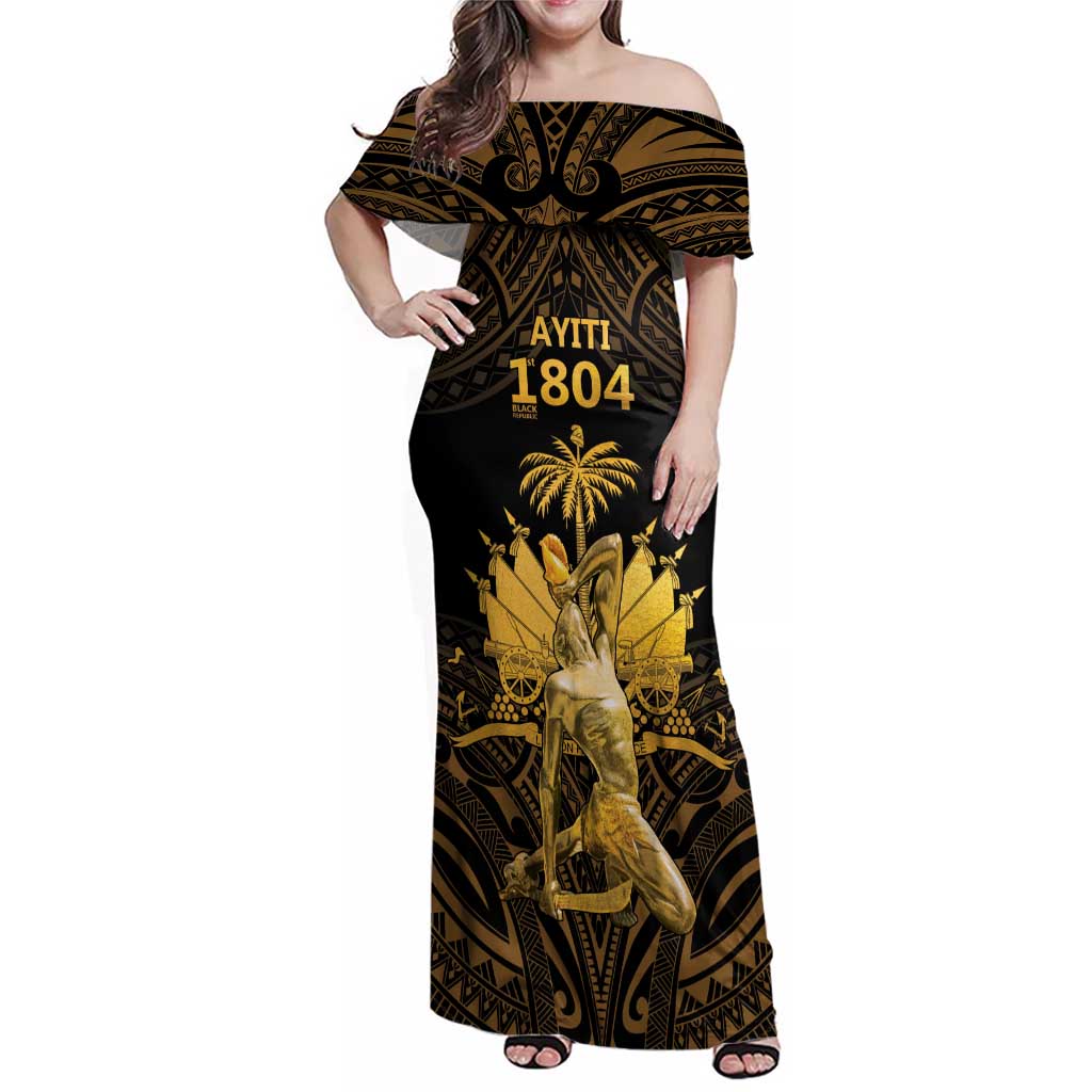 Haitian Negre Marron 1804 Family Matching Off Shoulder Maxi Dress and Hawaiian Shirt Gold Polynesian Pattern LT9 - Wonder Print Shop