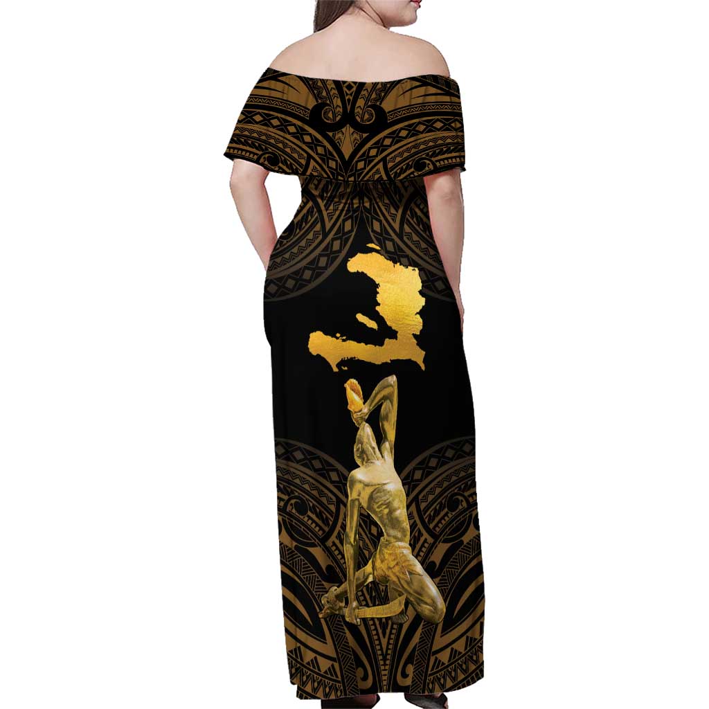 Haitian Negre Marron 1804 Family Matching Off Shoulder Maxi Dress and Hawaiian Shirt Gold Polynesian Pattern LT9 - Wonder Print Shop