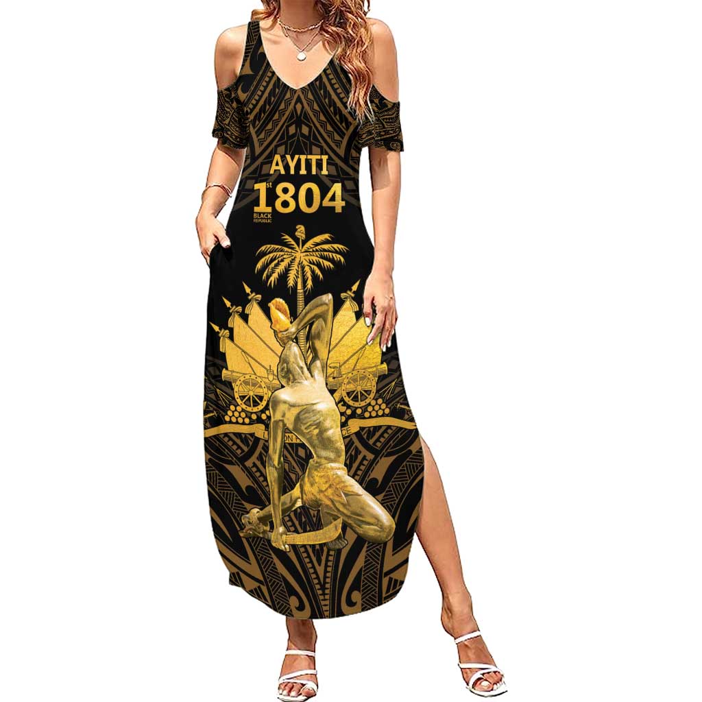 Haitian Negre Marron 1804 Family Matching Summer Maxi Dress and Hawaiian Shirt Gold Polynesian Pattern - Wonder Print Shop