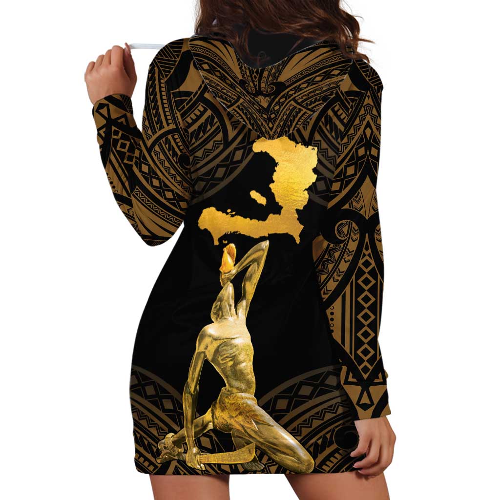 Haitian Negre Marron 1804 Hoodie Dress Gold Polynesian Pattern - Wonder Print Shop