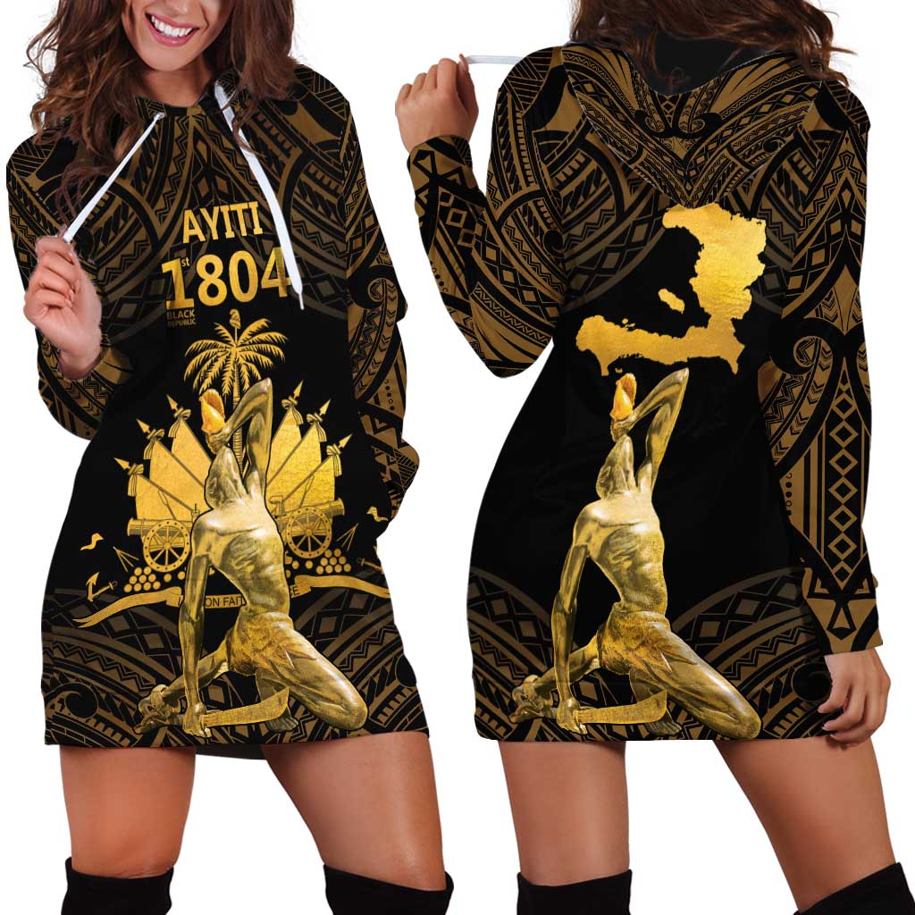 Haitian Negre Marron 1804 Hoodie Dress Gold Polynesian Pattern - Wonder Print Shop