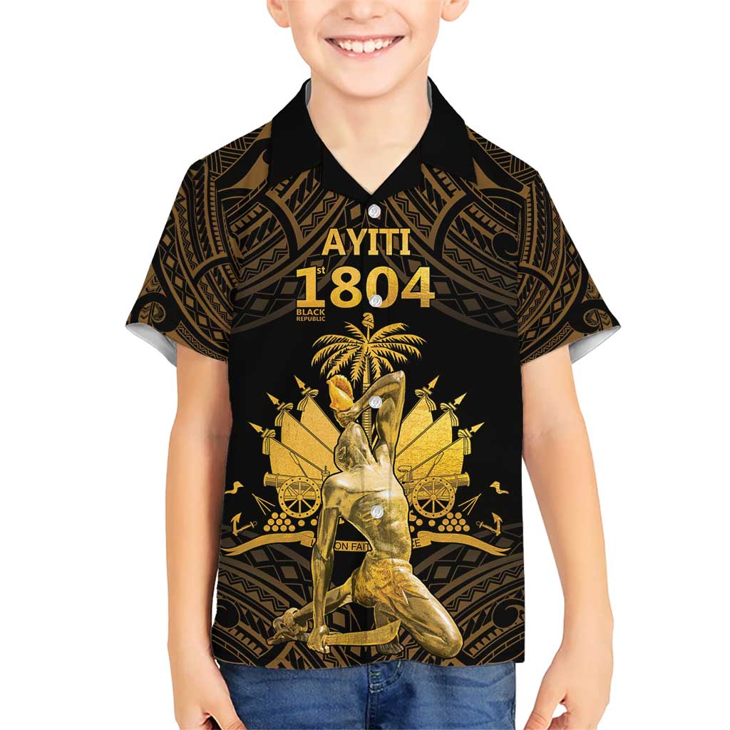Haitian Negre Marron 1804 Kid Hawaiian Shirt Gold Polynesian Pattern - Wonder Print Shop