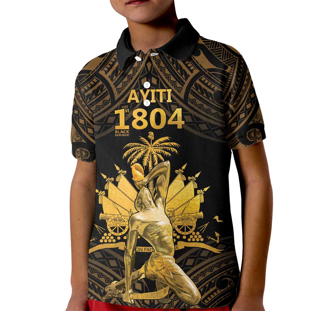 Haitian Negre Marron 1804 Kid Polo Shirt Gold Polynesian Pattern - Wonder Print Shop