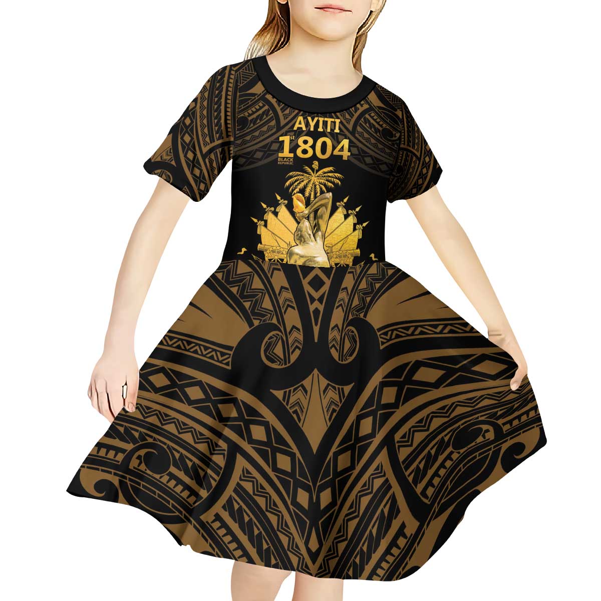 Haitian Negre Marron 1804 Kid Short Sleeve Dress Gold Polynesian Pattern - Wonder Print Shop