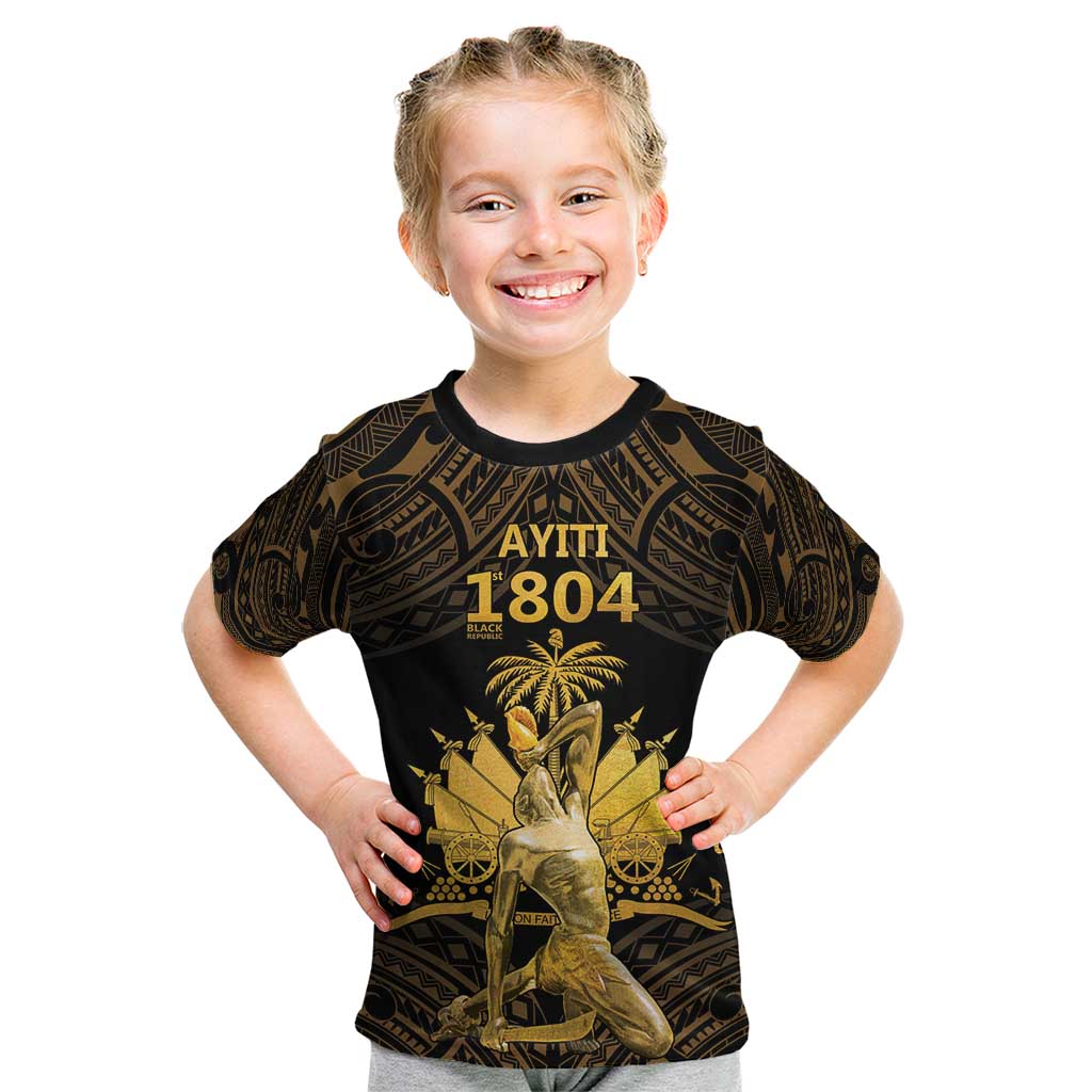 Haitian Negre Marron 1804 Kid T Shirt Gold Polynesian Pattern - Wonder Print Shop