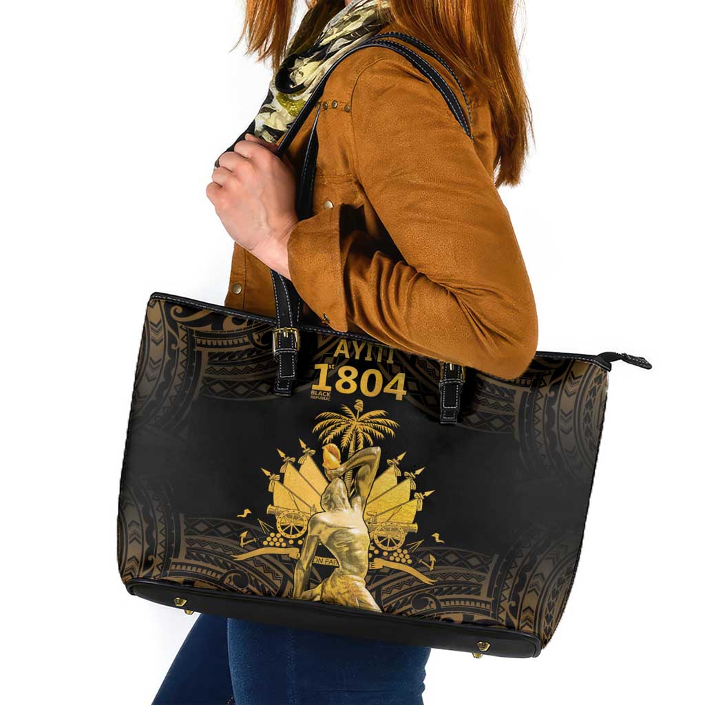 Haitian Negre Marron 1804 Leather Tote Bag Gold Polynesian Pattern - Wonder Print Shop