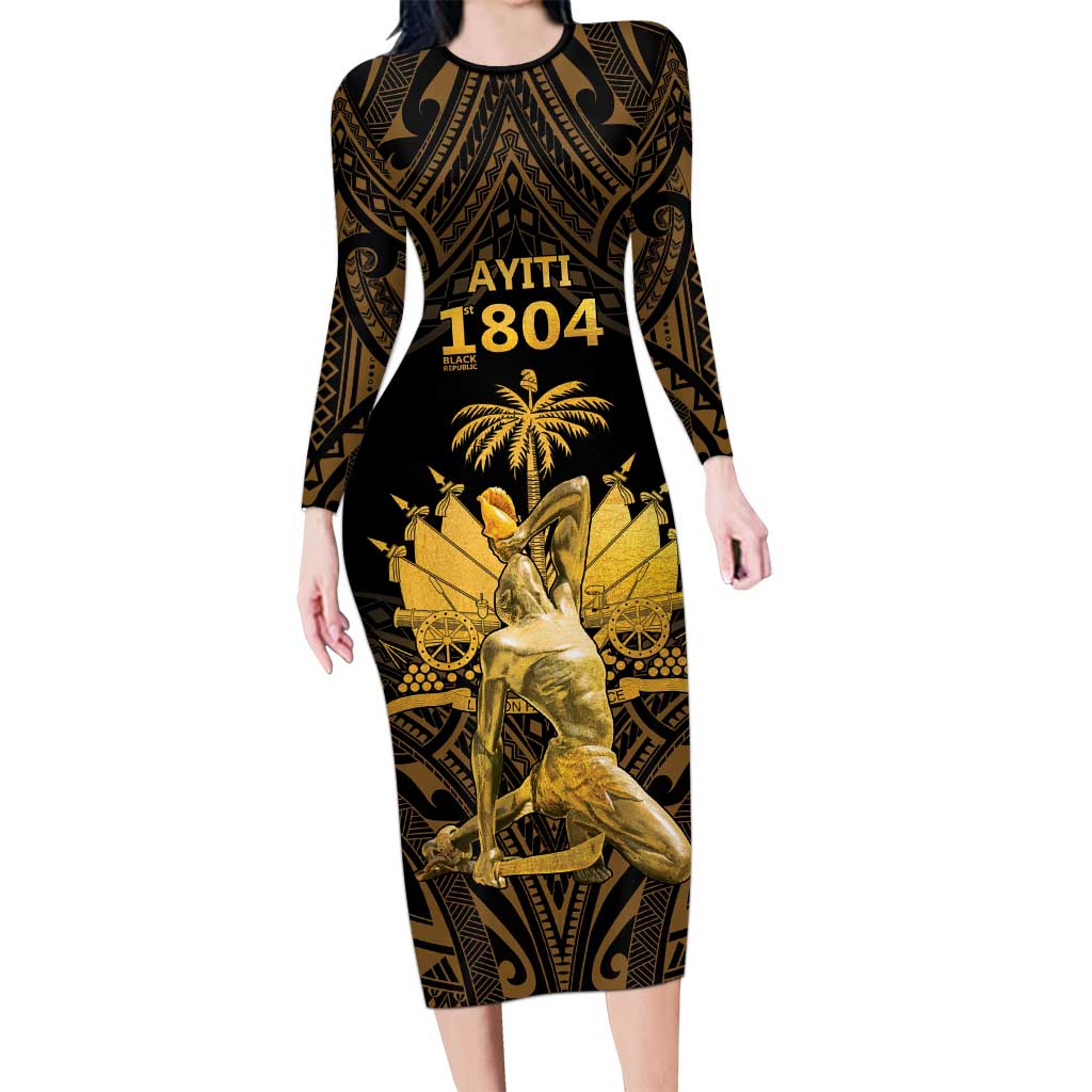 Haitian Negre Marron 1804 Long Sleeve Bodycon Dress Gold Polynesian Pattern - Wonder Print Shop
