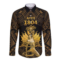Haitian Negre Marron 1804 Long Sleeve Button Shirt Gold Polynesian Pattern - Wonder Print Shop