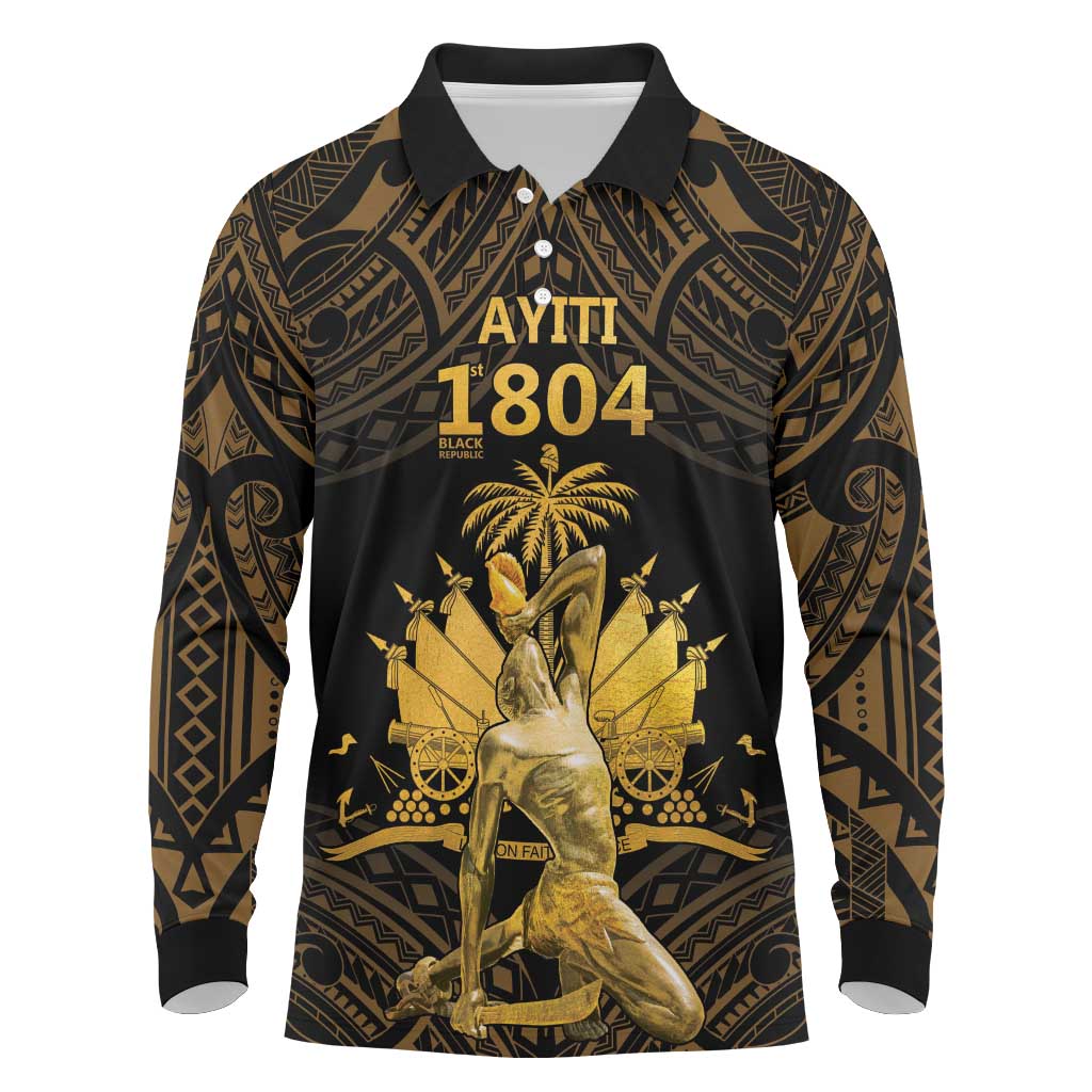 Haitian Negre Marron 1804 Long Sleeve Polo Shirt Gold Polynesian Pattern - Wonder Print Shop