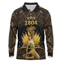 Haitian Negre Marron 1804 Long Sleeve Polo Shirt Gold Polynesian Pattern - Wonder Print Shop