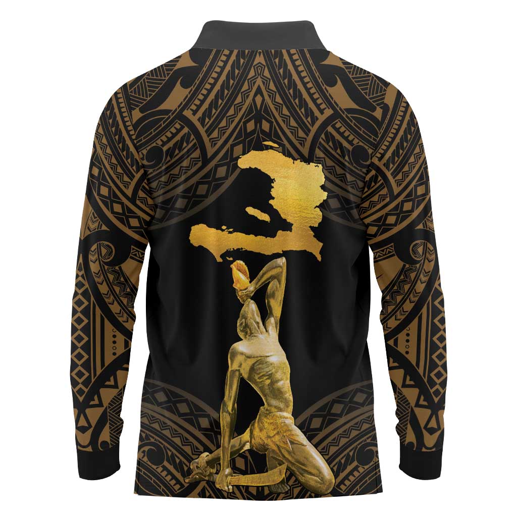 Haitian Negre Marron 1804 Long Sleeve Polo Shirt Gold Polynesian Pattern - Wonder Print Shop