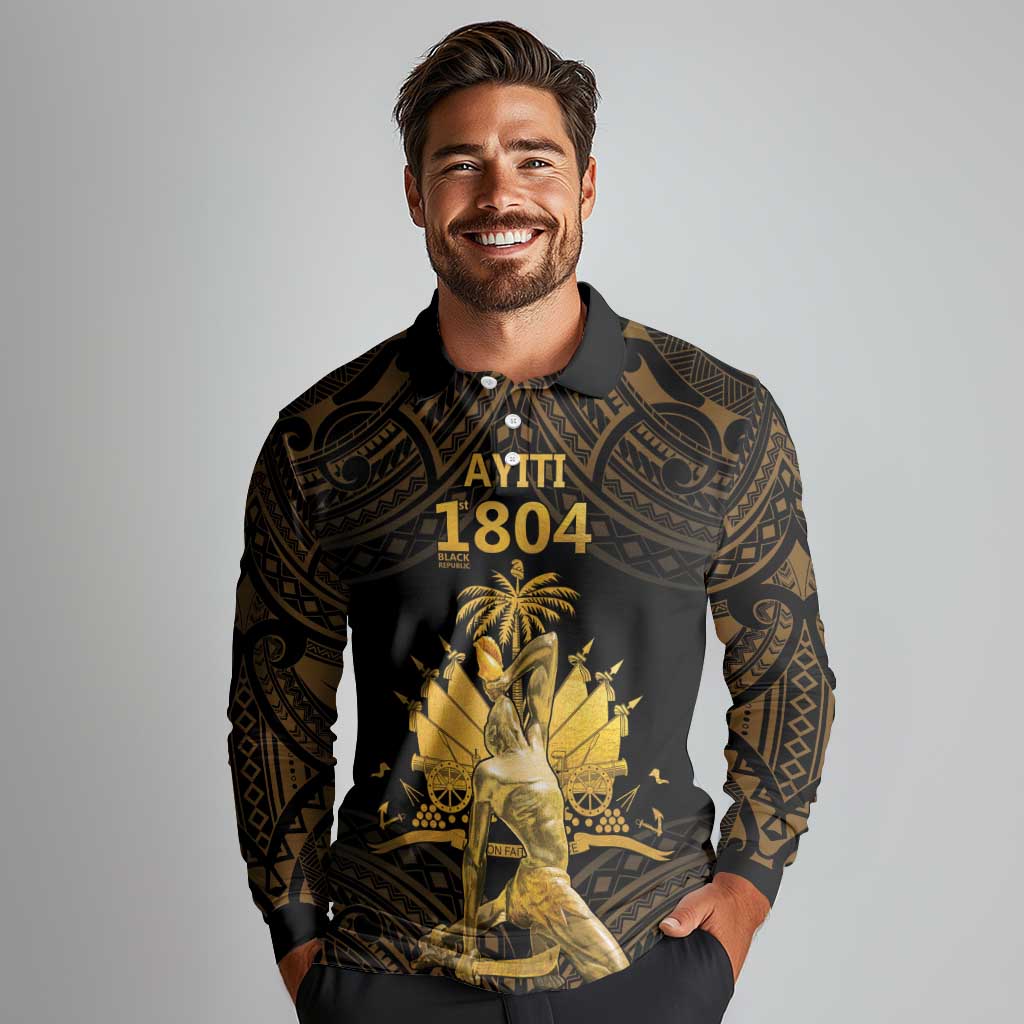 Haitian Negre Marron 1804 Long Sleeve Polo Shirt Gold Polynesian Pattern - Wonder Print Shop