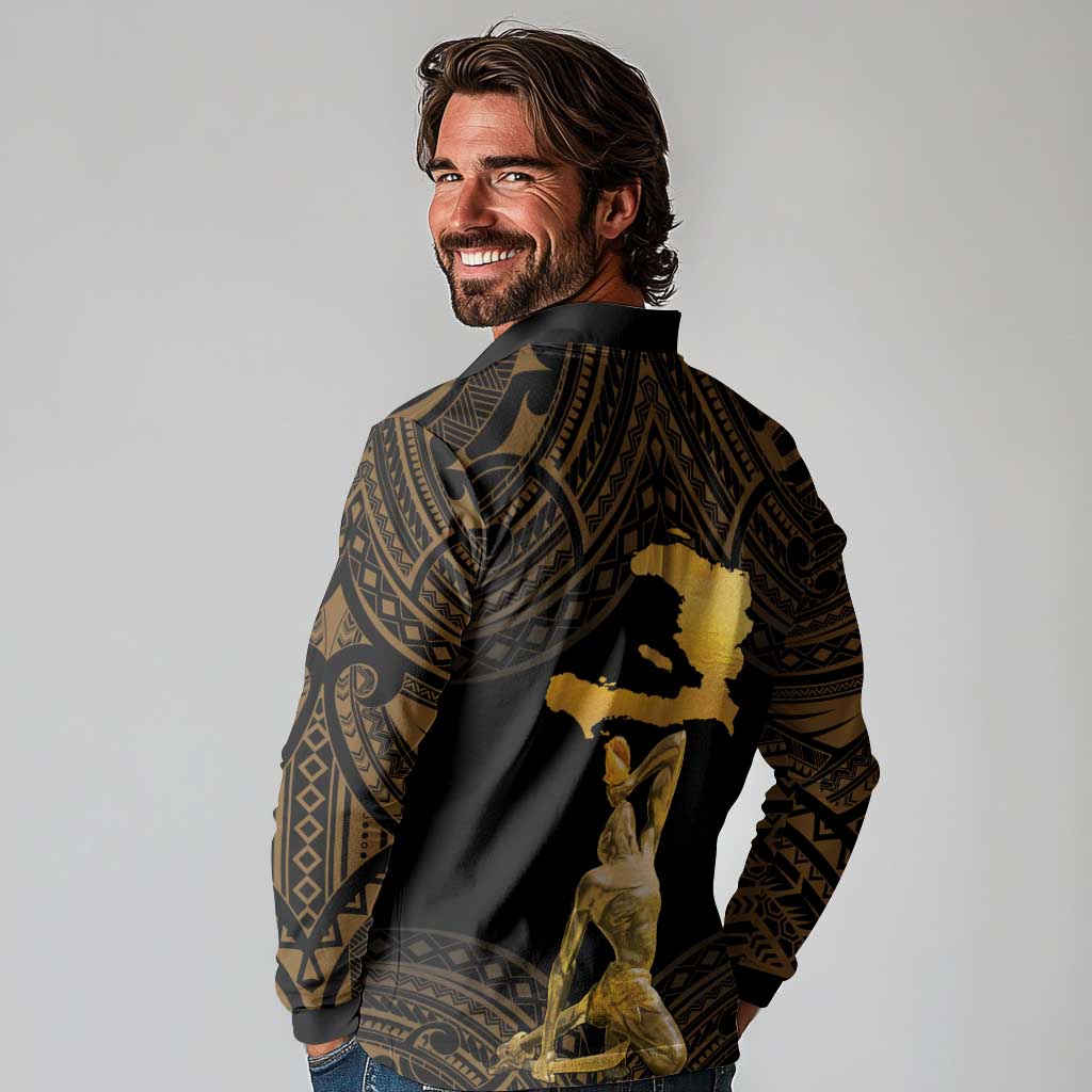 Haitian Negre Marron 1804 Long Sleeve Polo Shirt Gold Polynesian Pattern - Wonder Print Shop