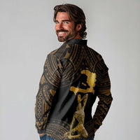 Haitian Negre Marron 1804 Long Sleeve Polo Shirt Gold Polynesian Pattern - Wonder Print Shop
