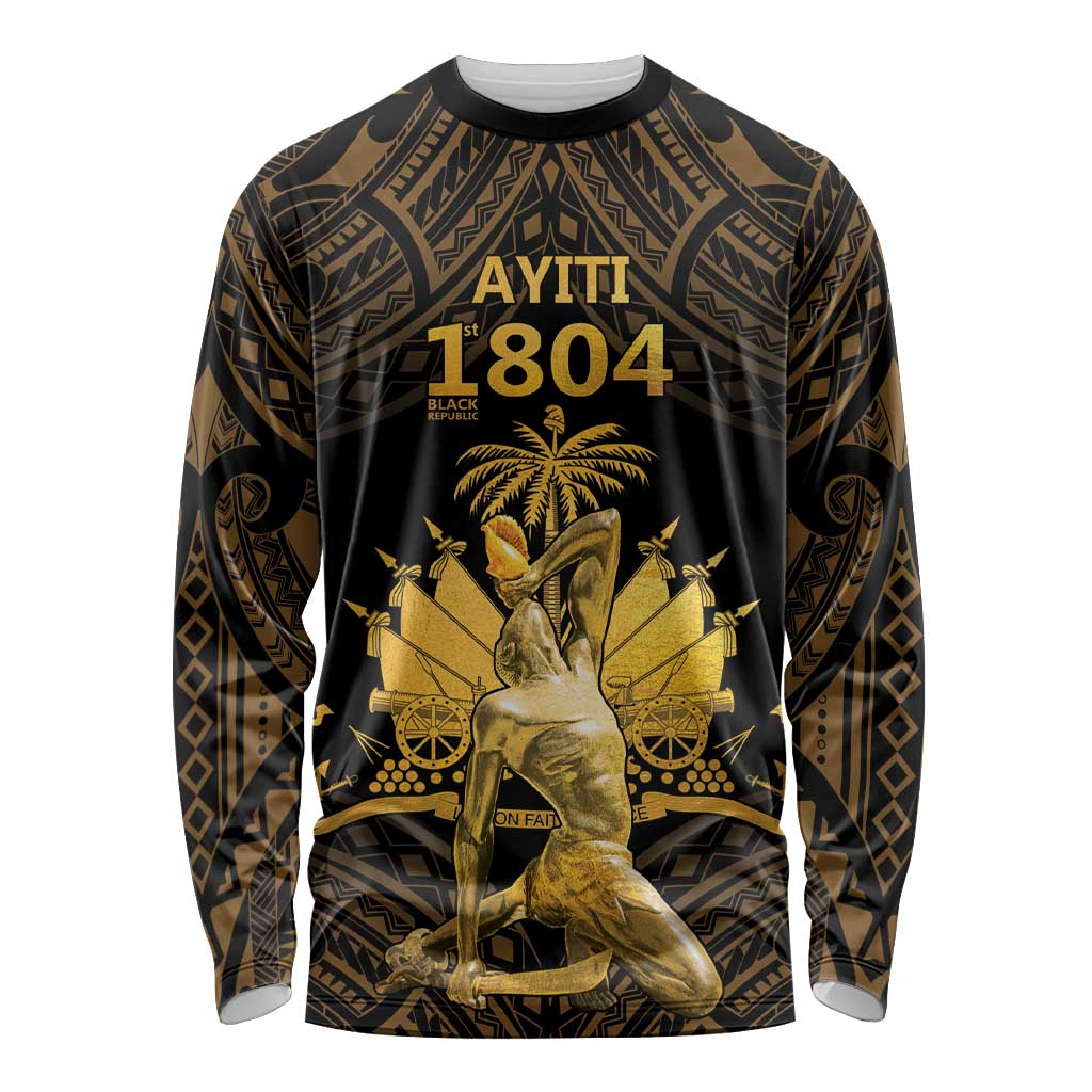 Haitian Negre Marron 1804 Long Sleeve Shirt Gold Polynesian Pattern - Wonder Print Shop