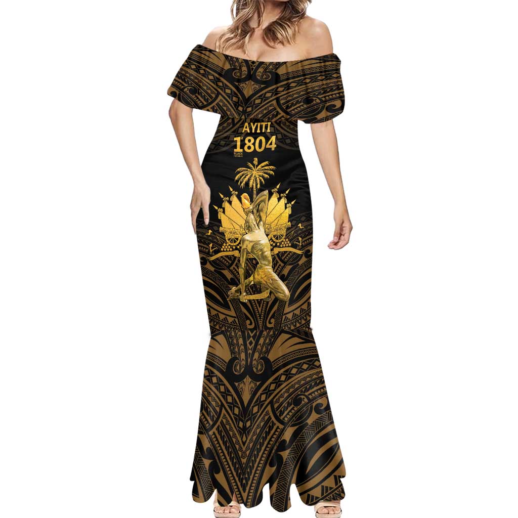 Haitian Negre Marron 1804 Mermaid Dress Gold Polynesian Pattern - Wonder Print Shop