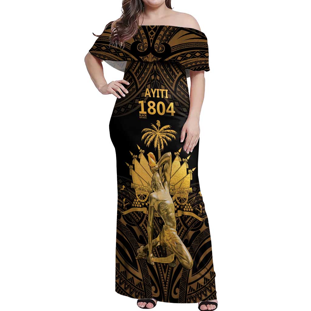 Haitian Negre Marron 1804 Off Shoulder Maxi Dress Gold Polynesian Pattern - Wonder Print Shop