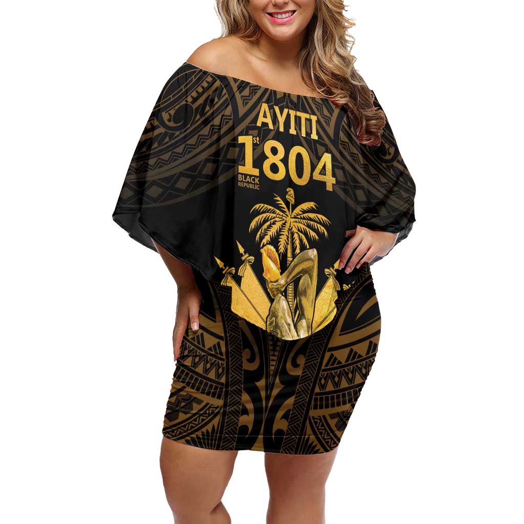 Haitian Negre Marron 1804 Off Shoulder Short Dress Gold Polynesian Pattern - Wonder Print Shop