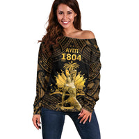 Haitian Negre Marron 1804 Off Shoulder Sweater Gold Polynesian Pattern - Wonder Print Shop