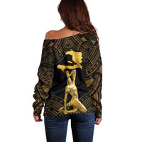 Haitian Negre Marron 1804 Off Shoulder Sweater Gold Polynesian Pattern - Wonder Print Shop