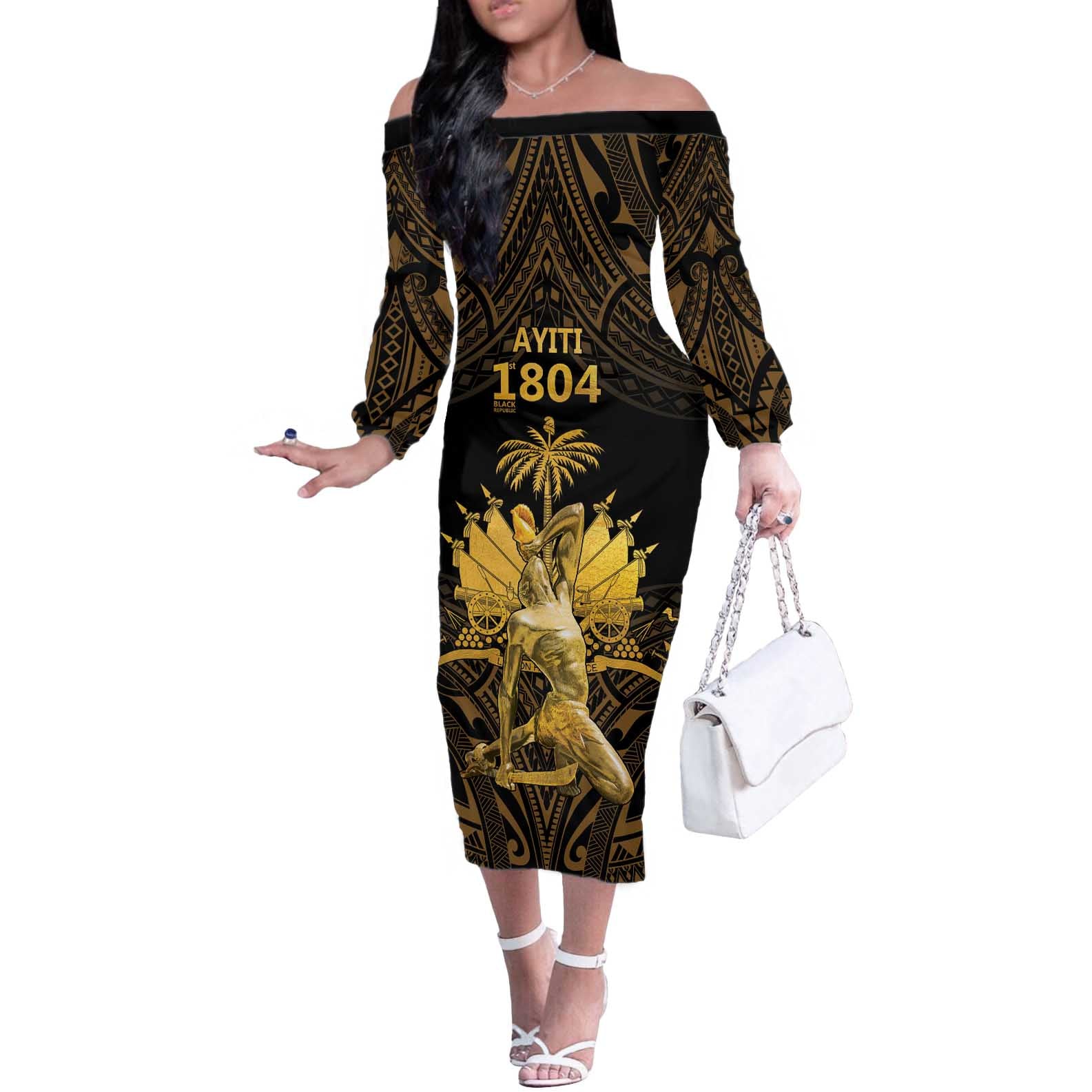 Haitian Negre Marron 1804 Off The Shoulder Long Sleeve Dress Gold Polynesian Pattern - Wonder Print Shop