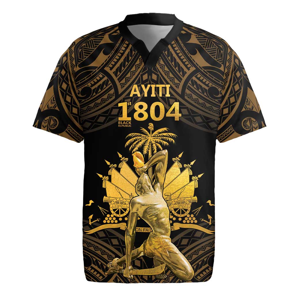 Haitian Negre Marron 1804 Rugby Jersey Gold Polynesian Pattern - Wonder Print Shop