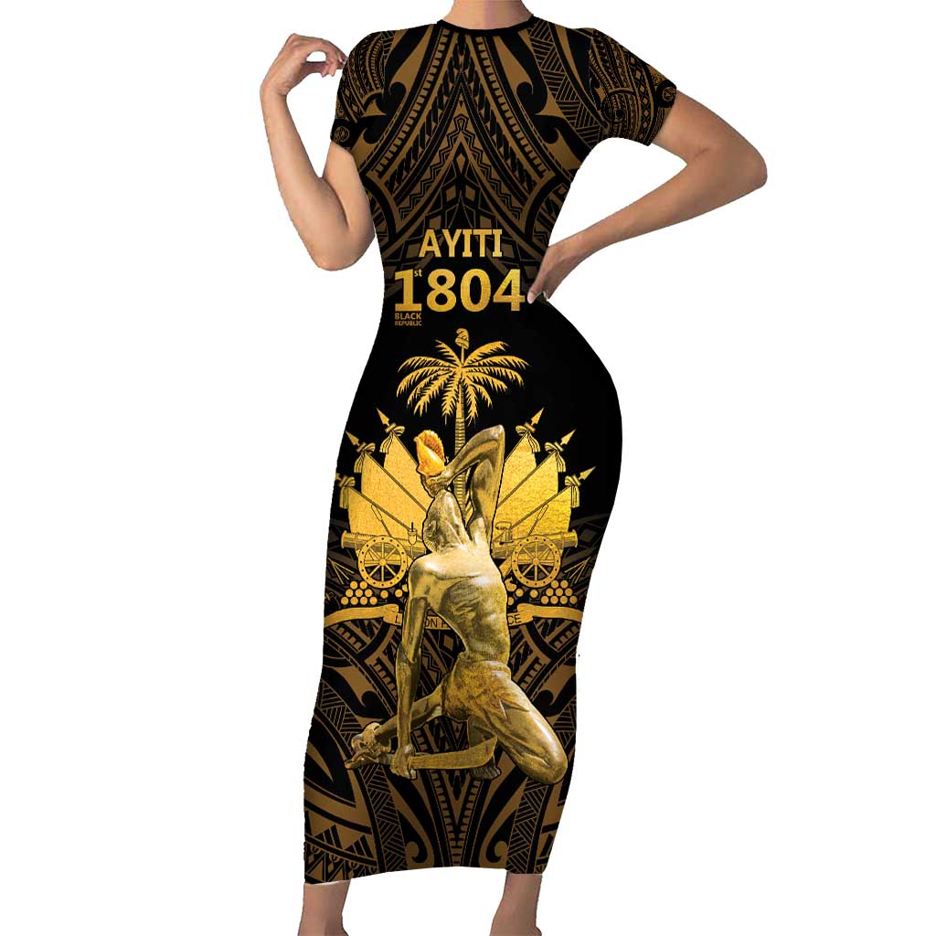 Haitian Negre Marron 1804 Short Sleeve Bodycon Dress Gold Polynesian Pattern - Wonder Print Shop