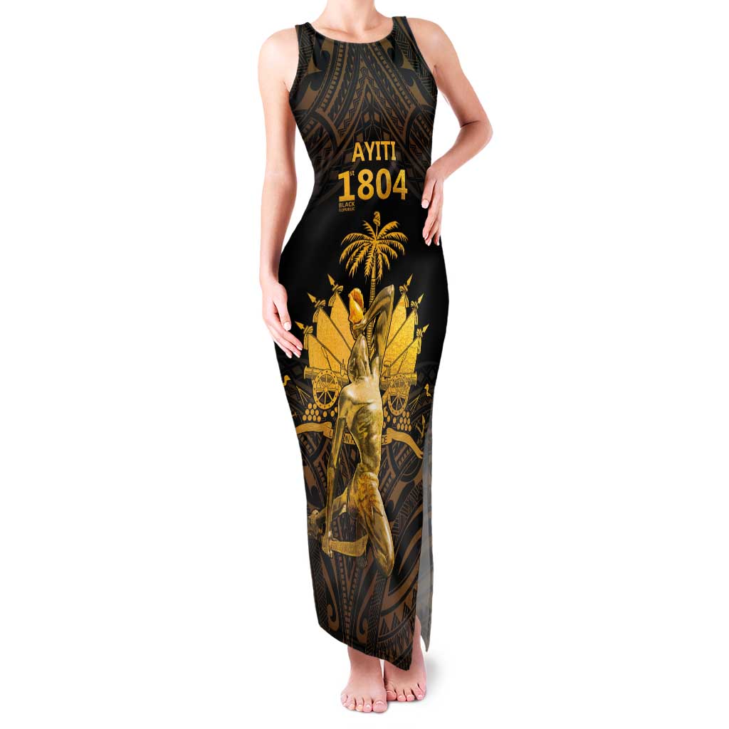 Haitian Negre Marron 1804 Tank Maxi Dress Gold Polynesian Pattern - Wonder Print Shop