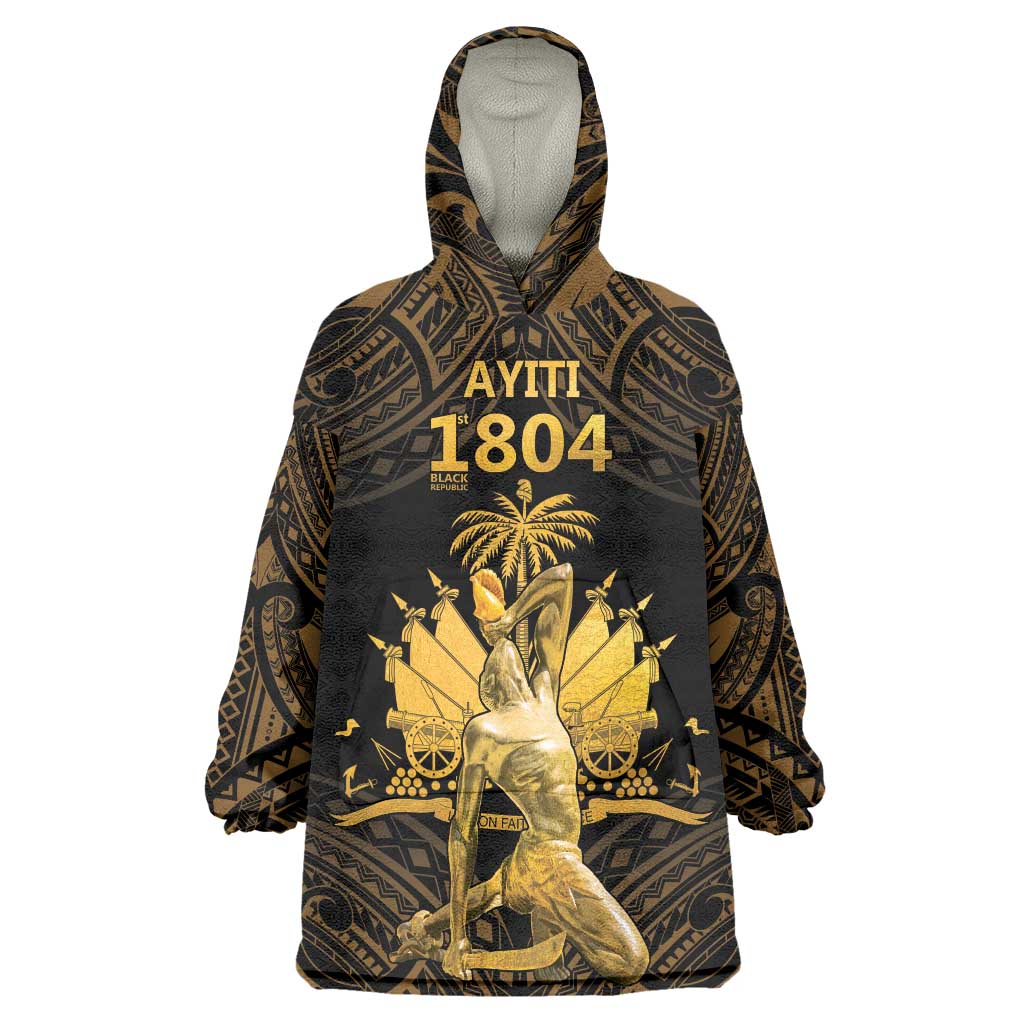 Haitian Negre Marron 1804 Wearable Blanket Hoodie Gold Polynesian Pattern - Wonder Print Shop