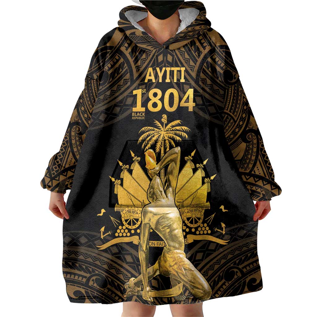 Haitian Negre Marron 1804 Wearable Blanket Hoodie Gold Polynesian Pattern - Wonder Print Shop