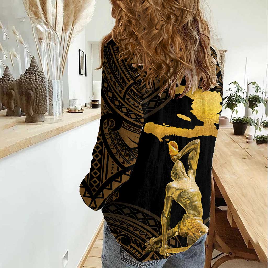Haitian Negre Marron 1804 Women Casual Shirt Gold Polynesian Pattern - Wonder Print Shop