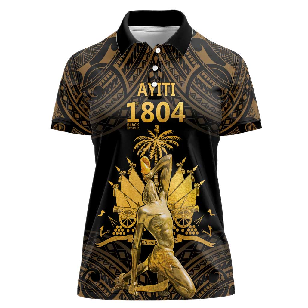 Haitian Negre Marron 1804 Women Polo Shirt Gold Polynesian Pattern - Wonder Print Shop