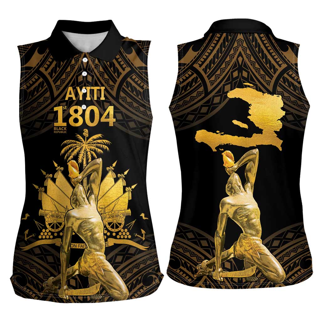 Haitian Negre Marron 1804 Women Sleeveless Polo Shirt Gold Polynesian Pattern - Wonder Print Shop
