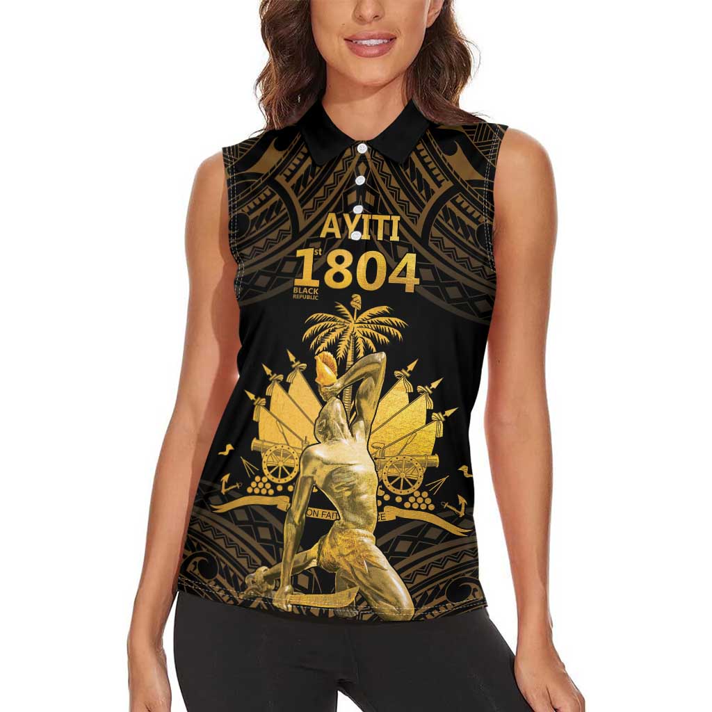 Haitian Negre Marron 1804 Women Sleeveless Polo Shirt Gold Polynesian Pattern - Wonder Print Shop